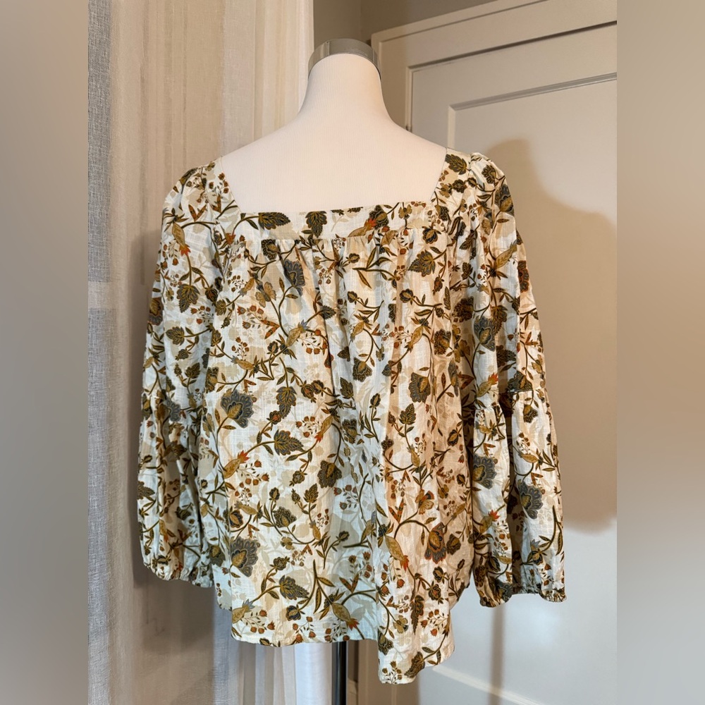 Ana Women's Blouse, XL Petite, Beige and Brown Floral with square neckline - Picture 3 of 6